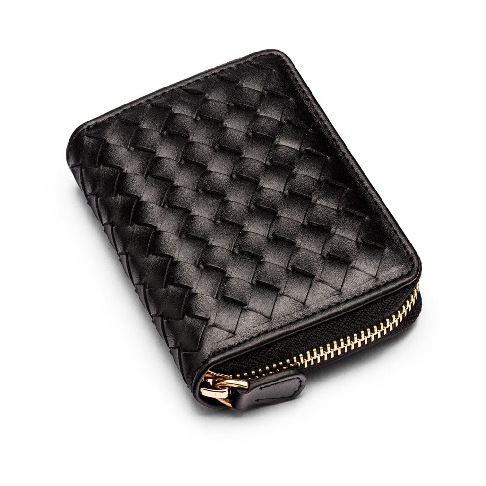 Small zip around woven leather accordion purse, black