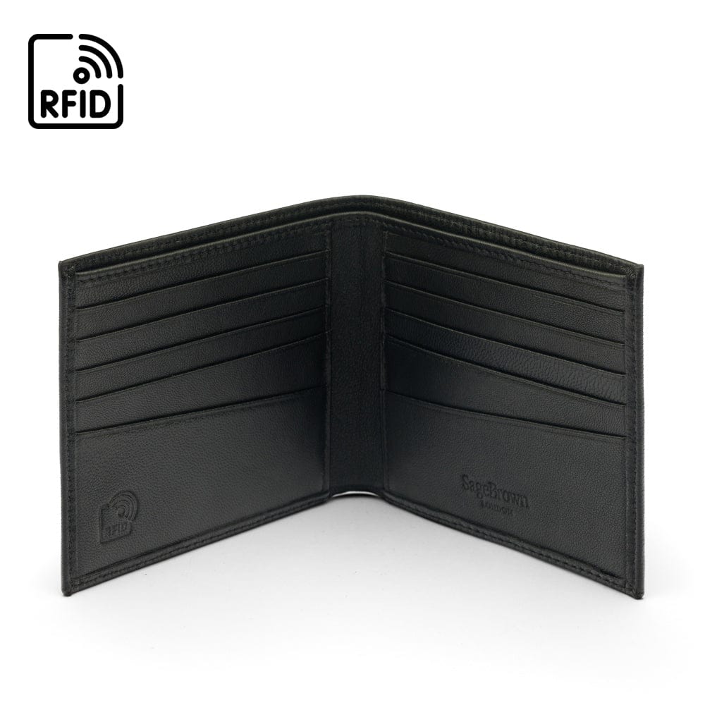 Soft leather wallet with RFID blocking, black, open