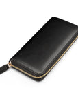 Tall leather zip around accordion purse, black, front