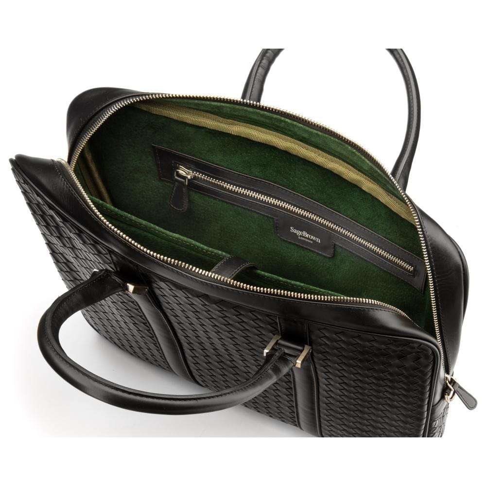 The Tressé leather laptop bag, black woven, inside