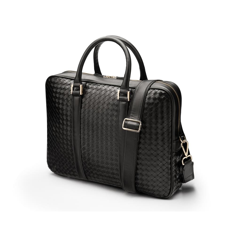 The Tressé leather laptop bag, black woven, with shoulder strap