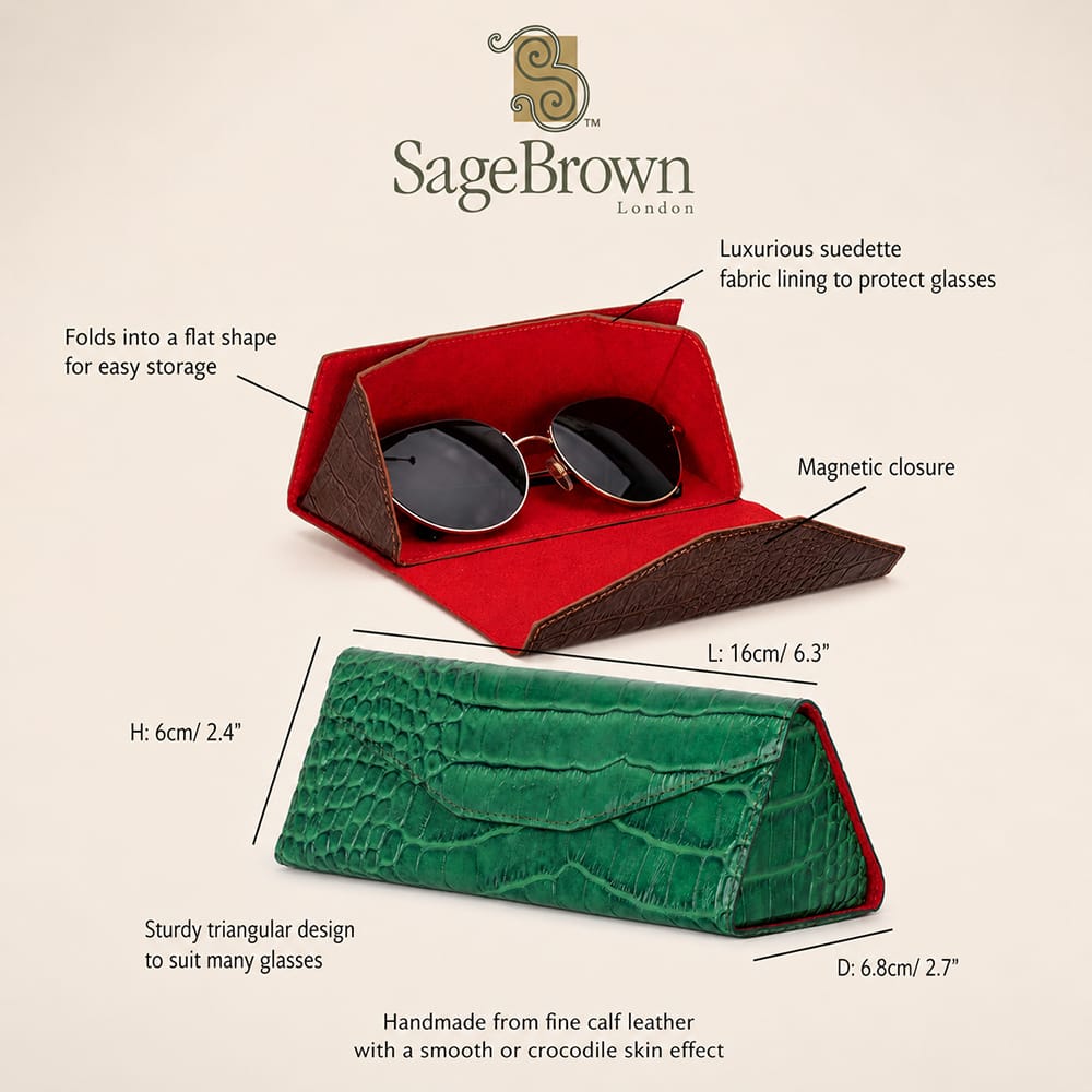 Triangular leather glasses case, features and dimensions