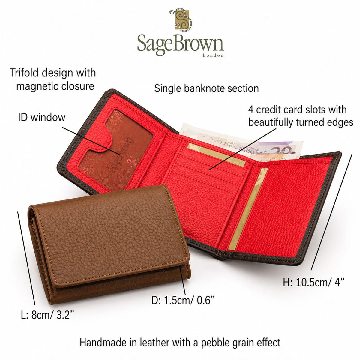 Trifold leather wallet with id, features and dimensions