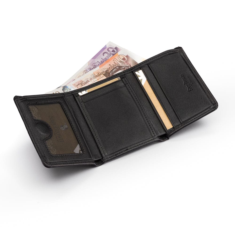 Trifold leather wallet with ID, black, inside