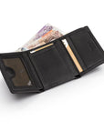 Trifold leather wallet with ID, black, inside