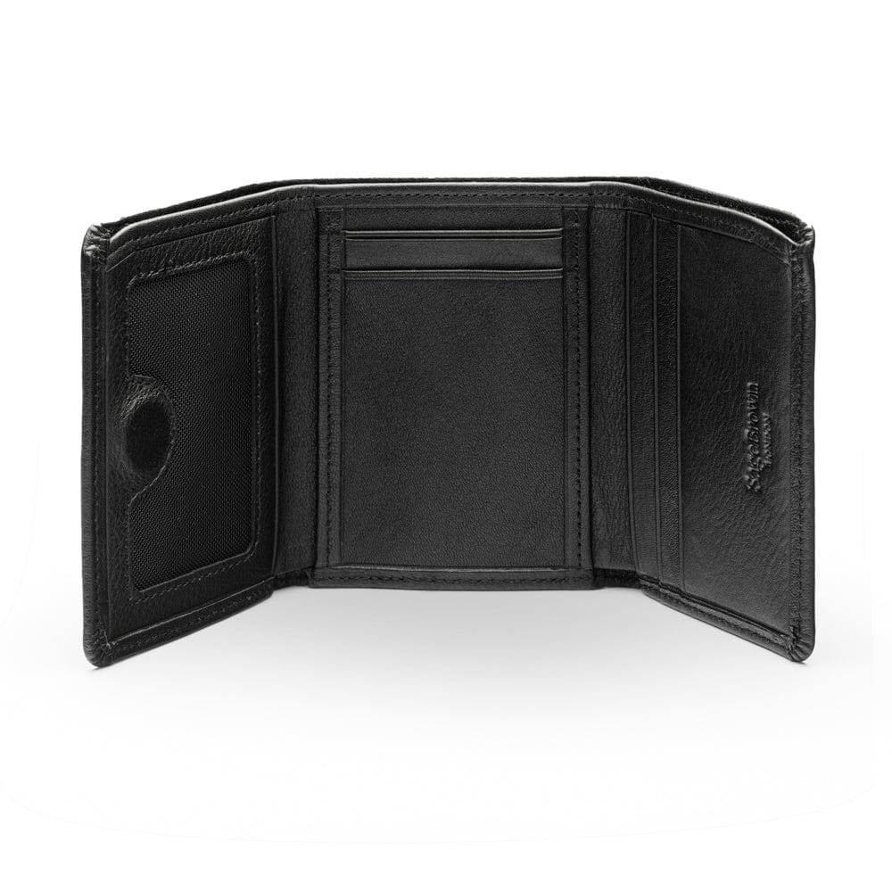 Trifold leather wallet with ID, black, open