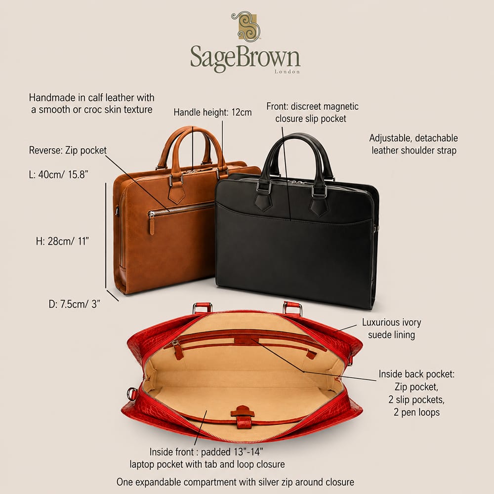 Trinity Leather 13"-14" Laptop Briefcase, features and dimensions