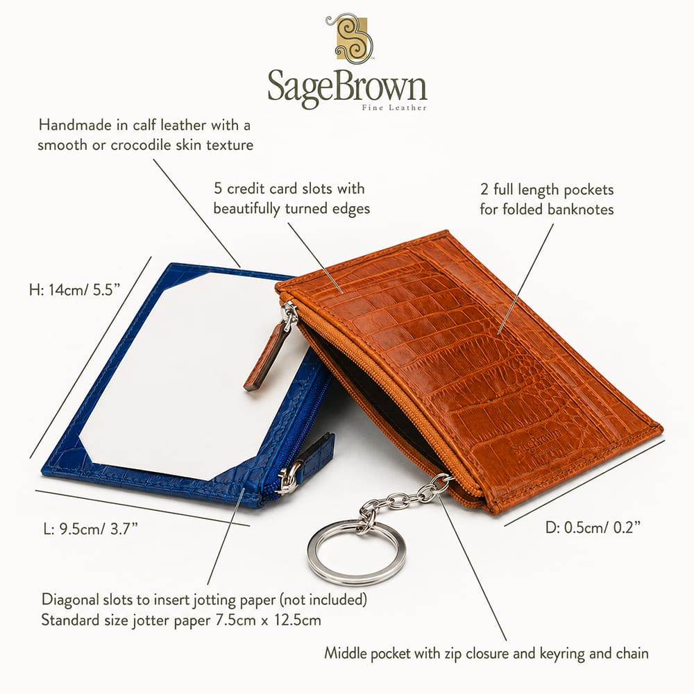 Ultra-Slim Tall Leather Credit Card Wallet with Jotter & Zip Pocket, features and dimensions