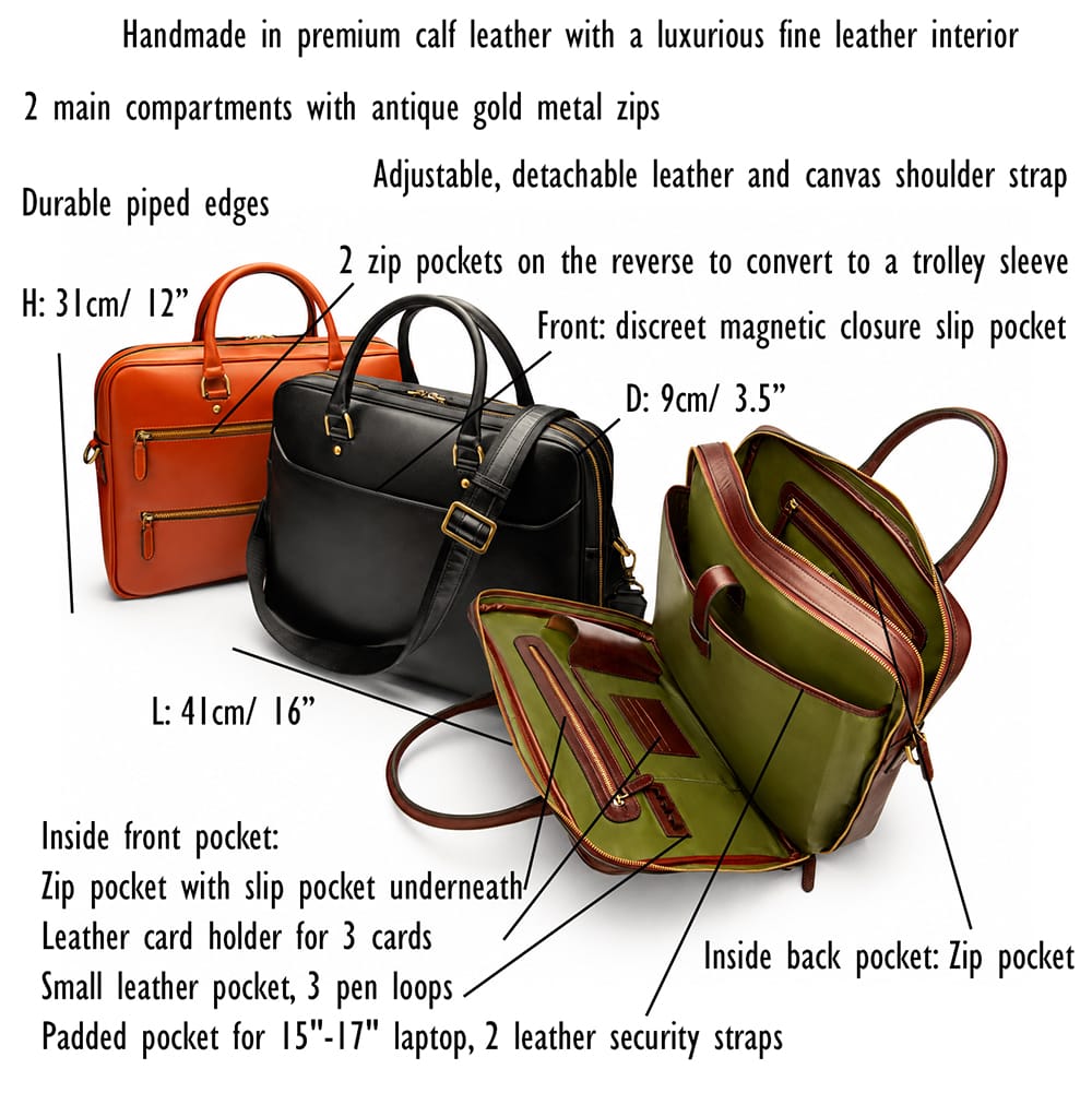 Leather 17" laptop briefcase, features and dimensions