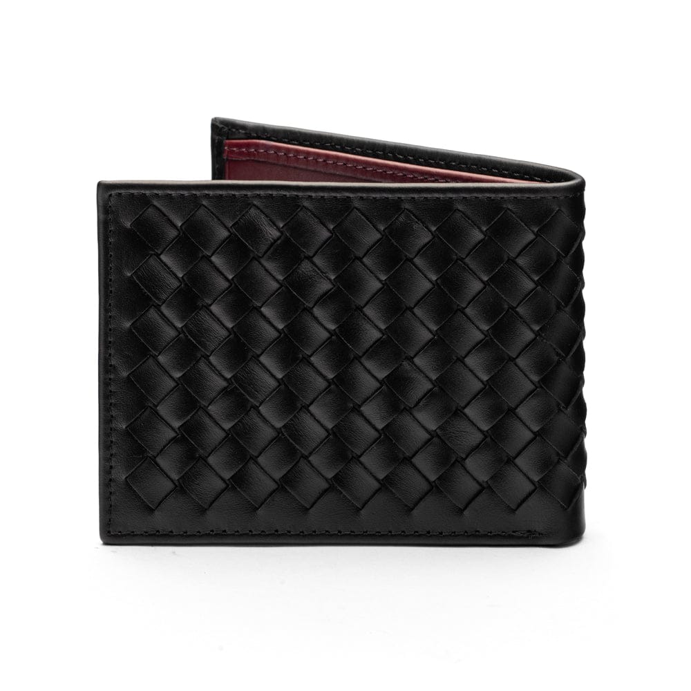 Woven leather billfold wallet with 6 credit card slots, black with burgundy, back