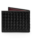 Woven leather billfold wallet with 6 credit card slots, black with burgundy, back