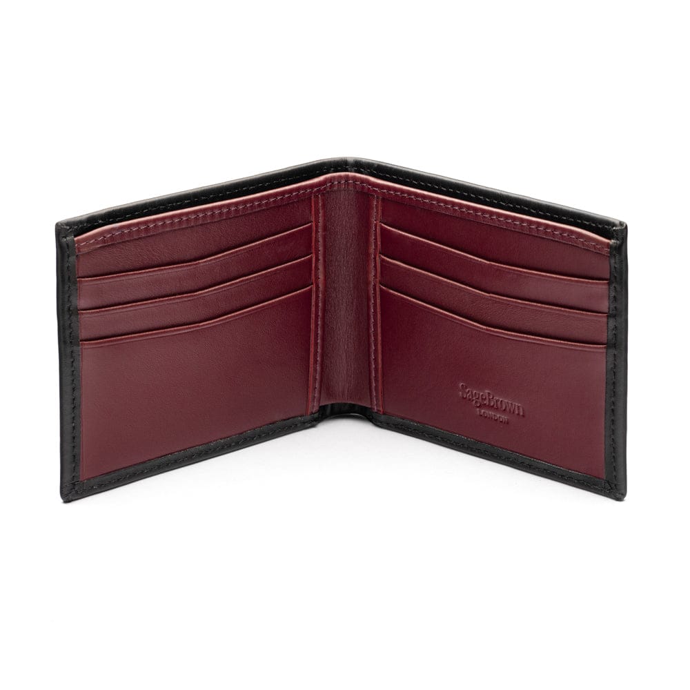 Woven leather billfold wallet with 6 credit card slots, black with burgundy, open