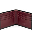 Woven leather billfold wallet with 6 credit card slots, black with burgundy, open