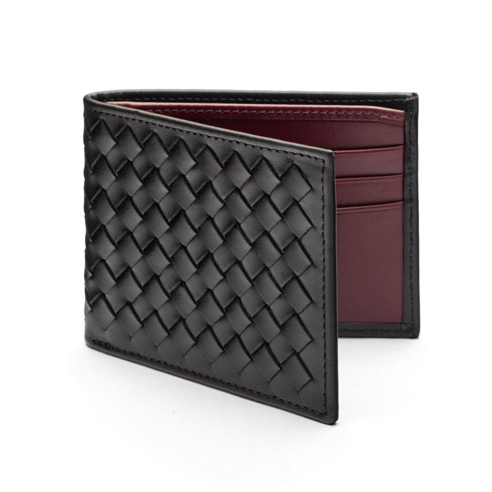Woven leather billfold wallet with 6 credit card slots, black with burgundy, front