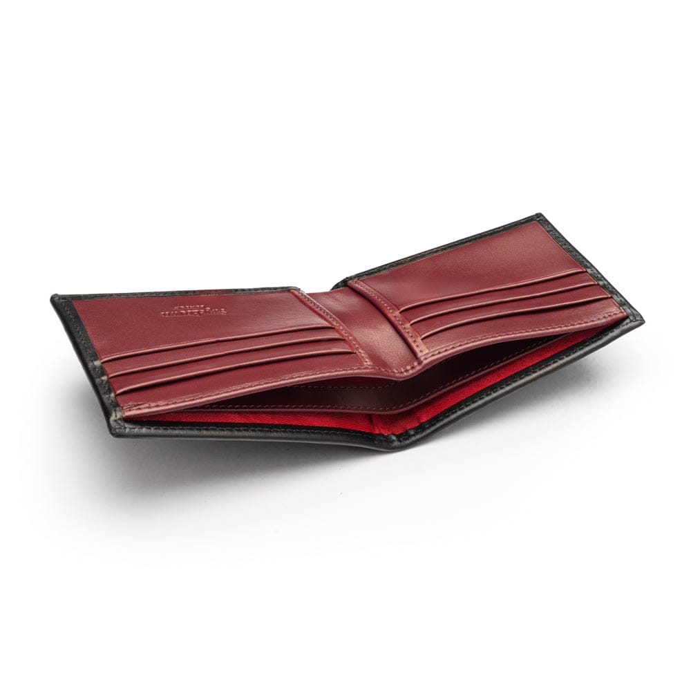 Woven leather billfold wallet with 6 credit card slots, black with burgundy, inside
