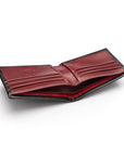 Woven leather billfold wallet with 6 credit card slots, black with burgundy, inside