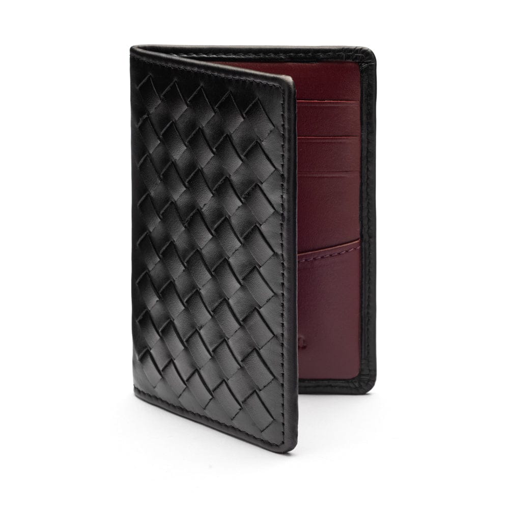 Woven leather credit card holder, black with burgundy, open