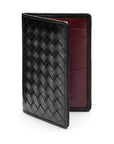 Woven leather credit card holder, black with burgundy, open
