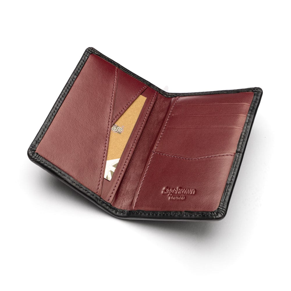 Woven leather credit card holder, black with burgundy, inside