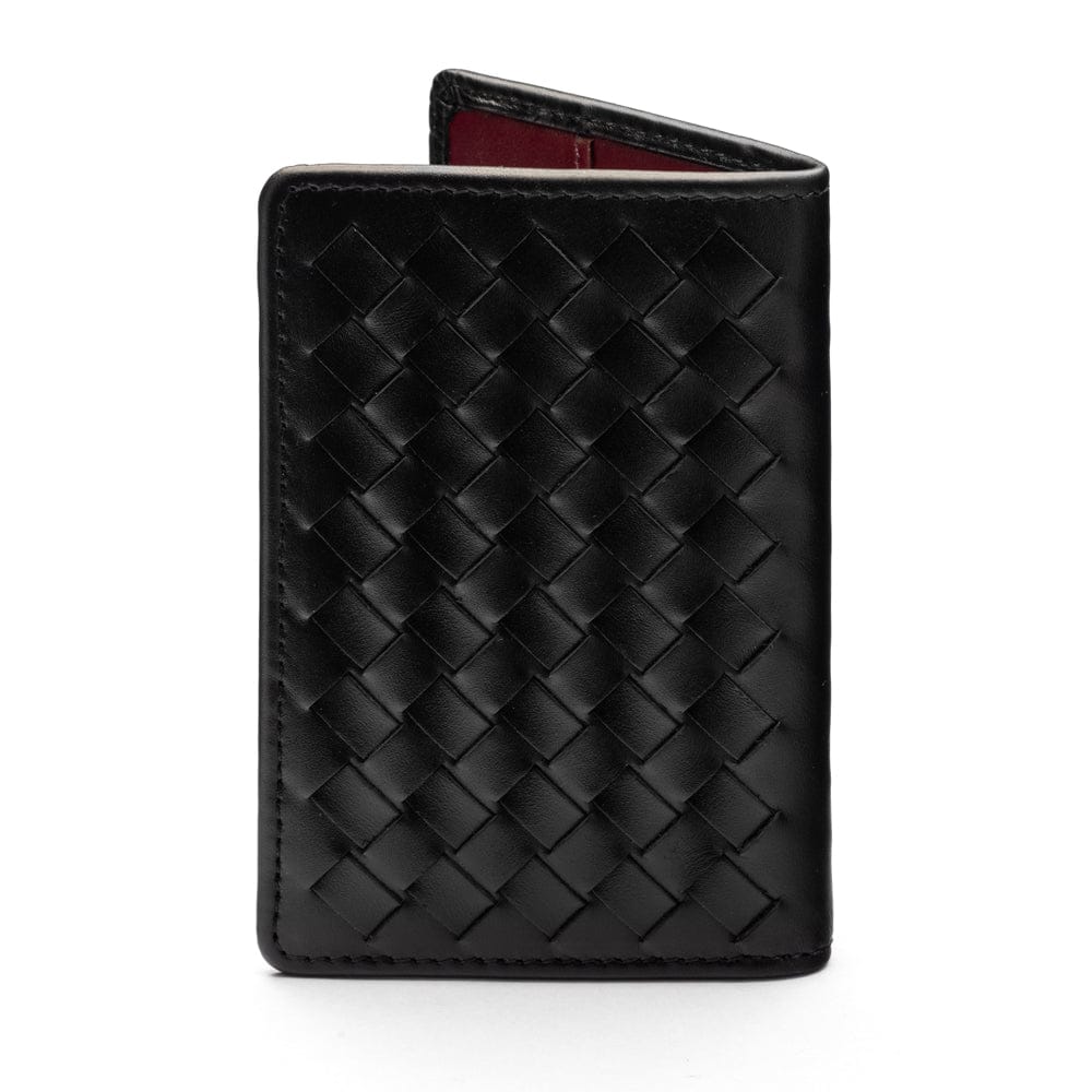 Woven leather credit card holder, black with burgundy, back