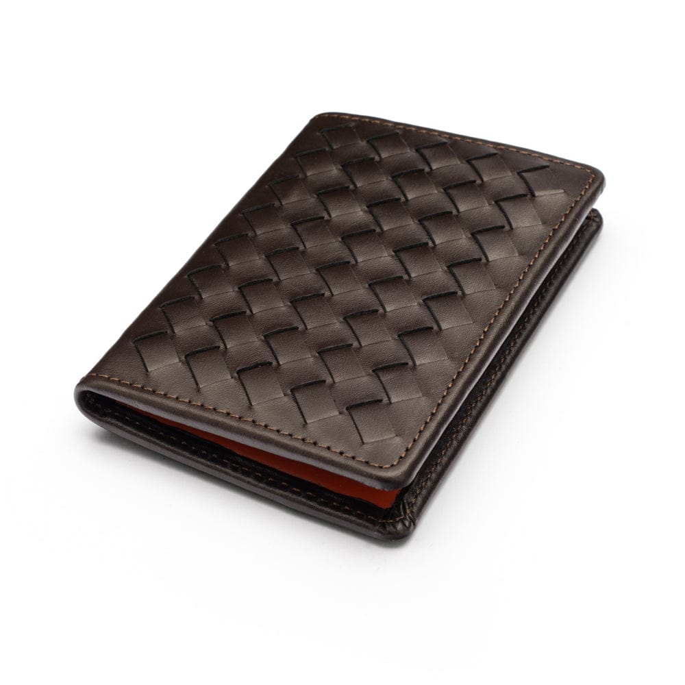 Woven leather credit card holder, black with burgundy, front view