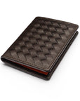 Woven leather credit card holder, black with burgundy, front view