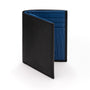 Compact leather wallet with 6 credit card slots and 2 ID windows, black with cobalt, front