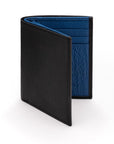 Compact leather wallet with 6 credit card slots and 2 ID windows, black with cobalt, front