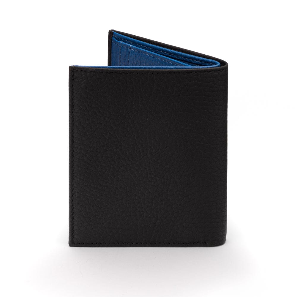 Compact leather wallet with 6 credit card slots and 2 ID windows, black with cobalt, back