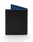 Compact leather wallet with 6 credit card slots and 2 ID windows, black with cobalt, back