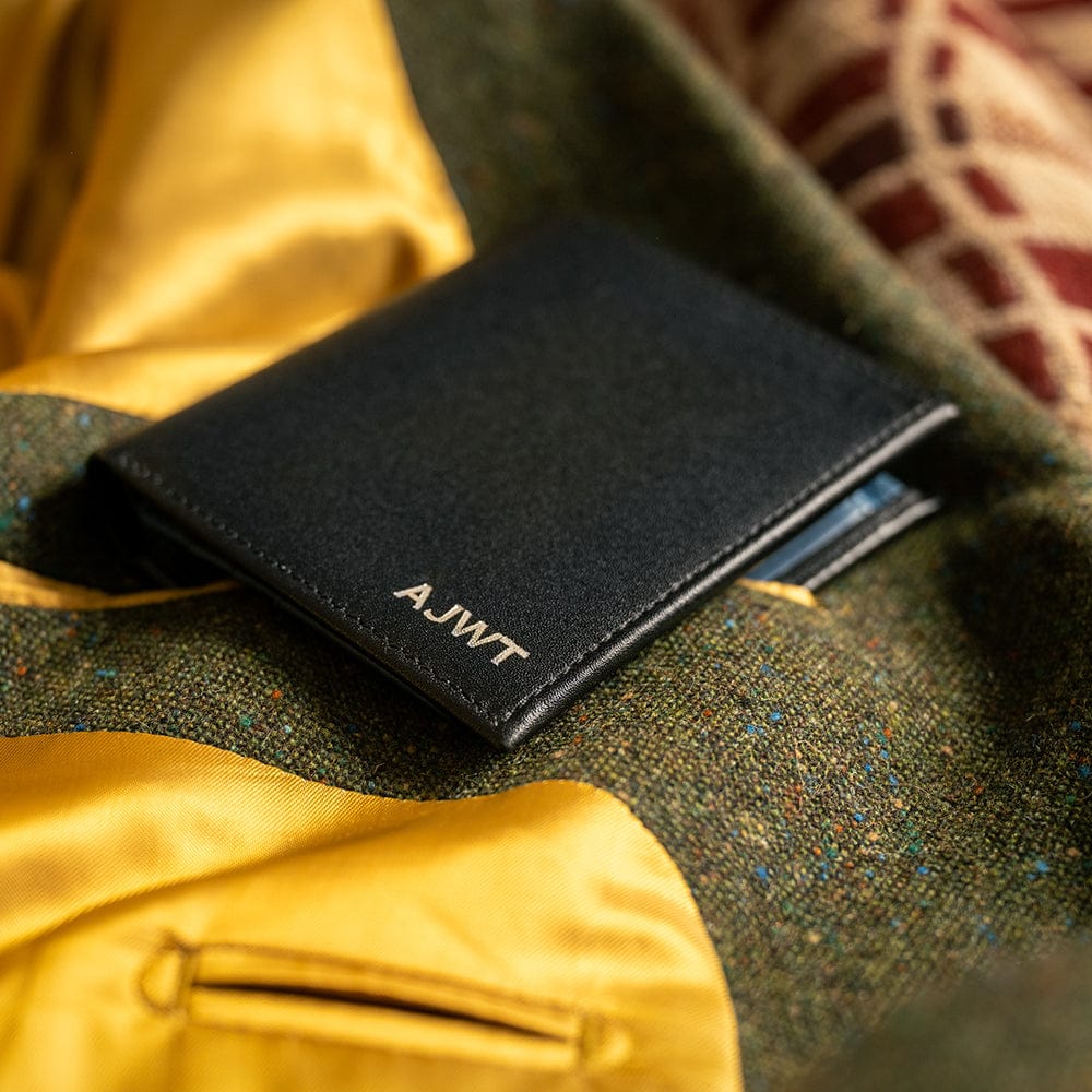 Leather wallet, black with cobalt, personalised