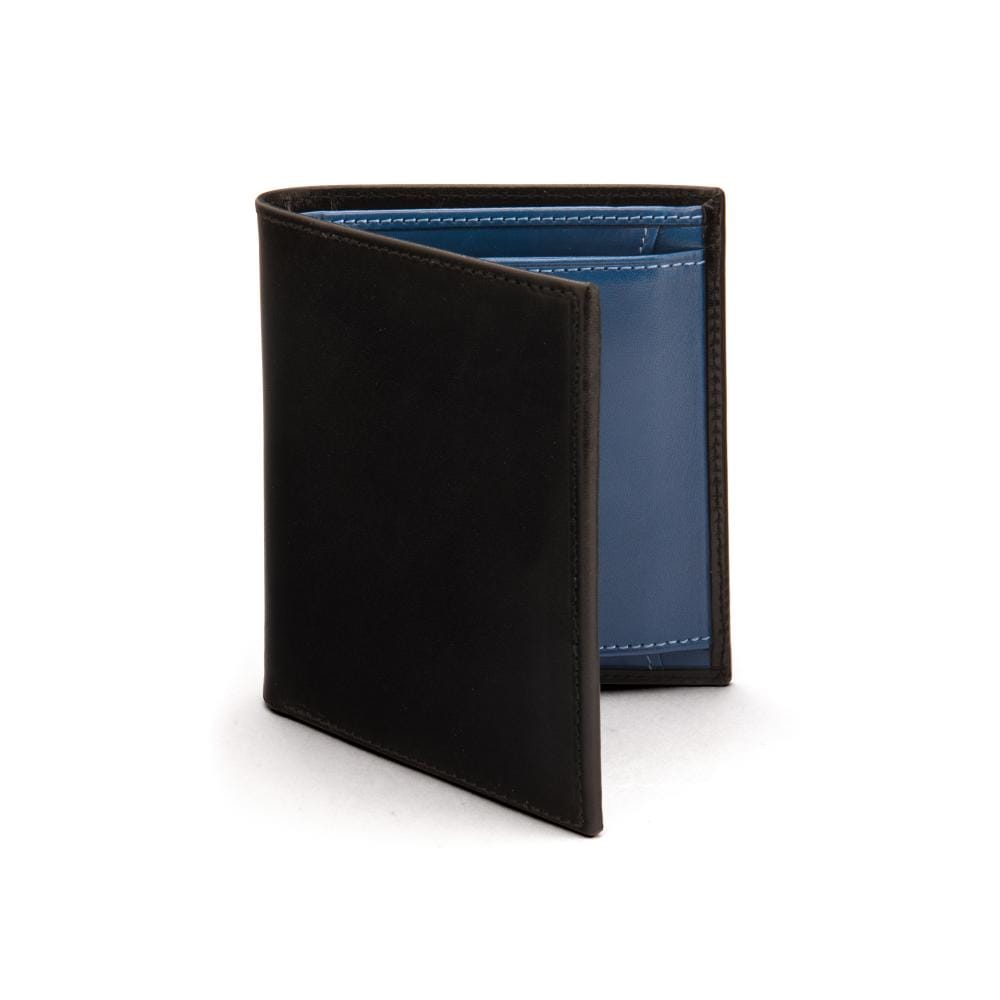 Compact RFID leather wallet with coin purse, black with cobalt, front