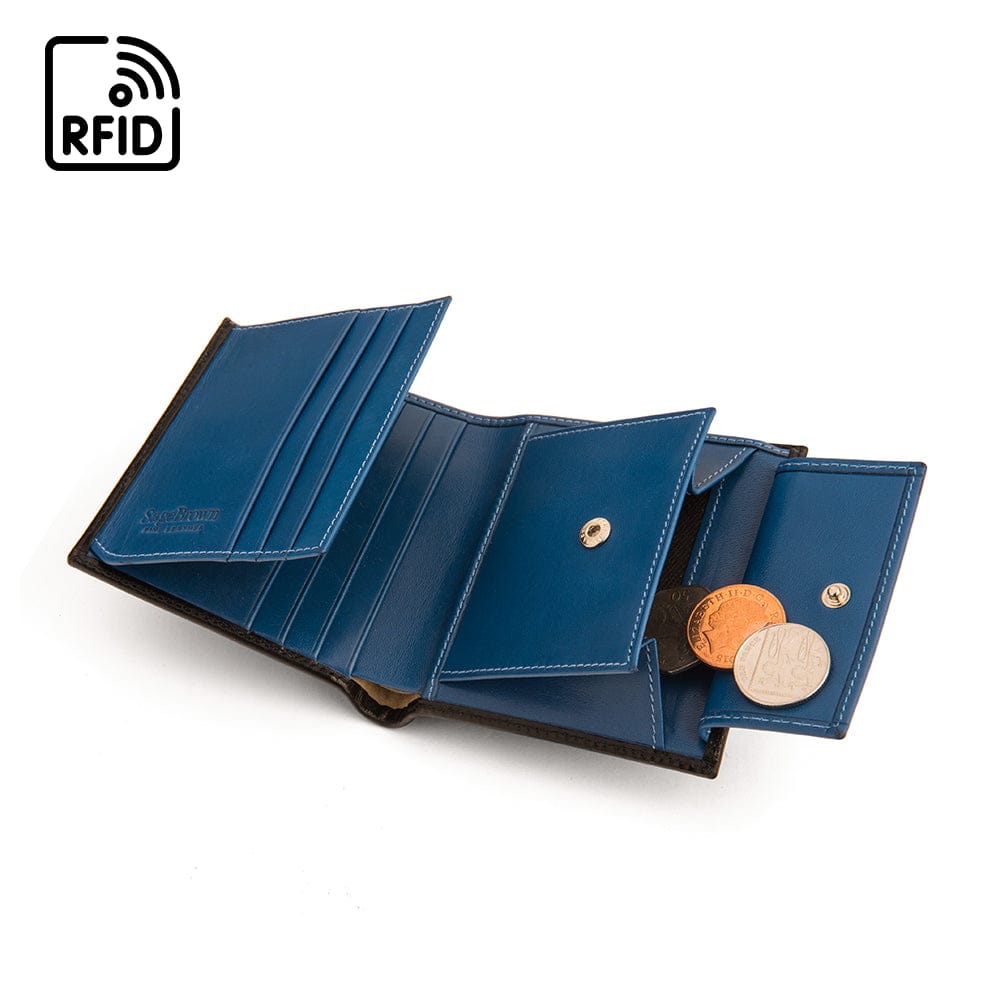 Compact RFID leather wallet with coin purse, black with cobalt, open