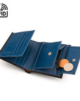 Compact RFID leather wallet with coin purse, black with cobalt, open