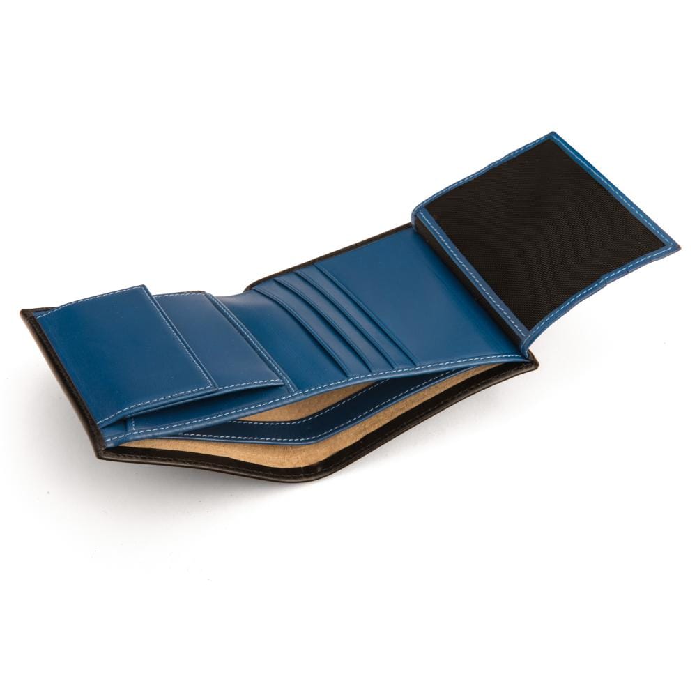 Compact RFID leather wallet with coin purse, black with cobalt, inside