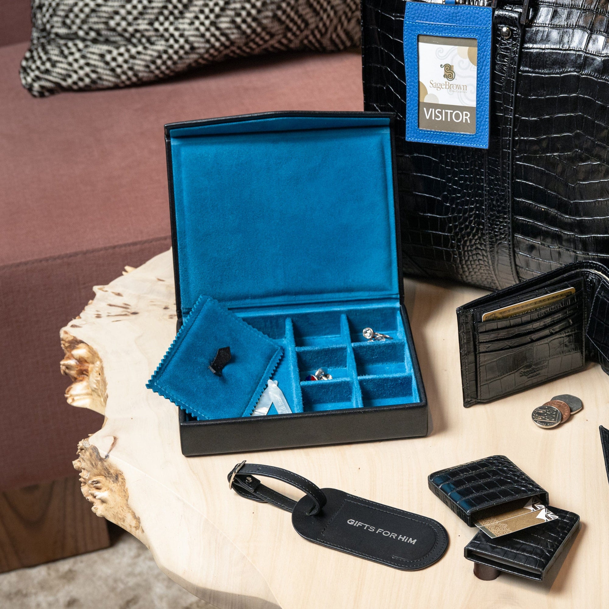 Large leather accessory box, black with cobalt, lifestyle