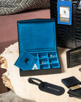 Large leather accessory box, black with cobalt, lifestyle