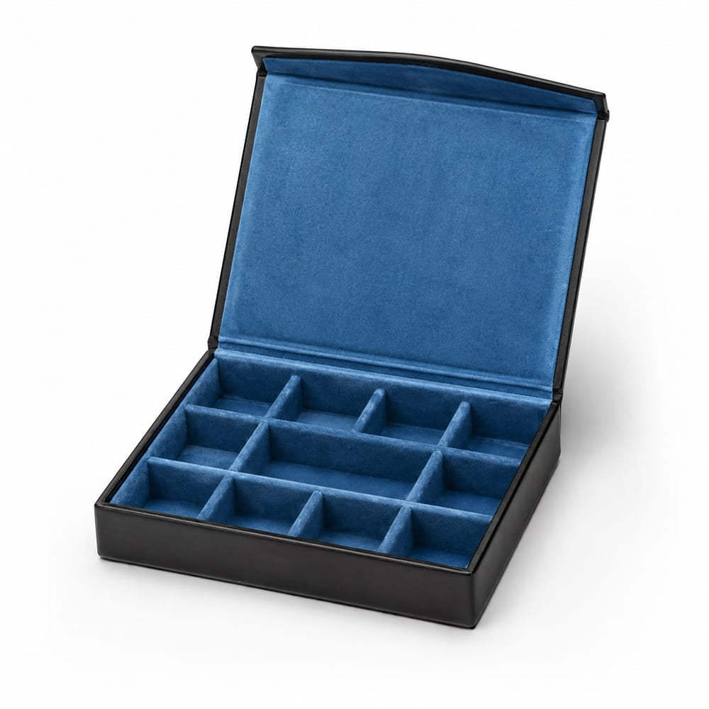 Large Leather Cufflink And Jewellery Box, Black With Cobalt, inside