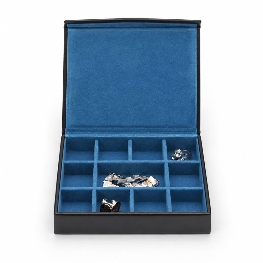 Large Leather Cufflink And Jewellery Box, Black With Cobalt, open