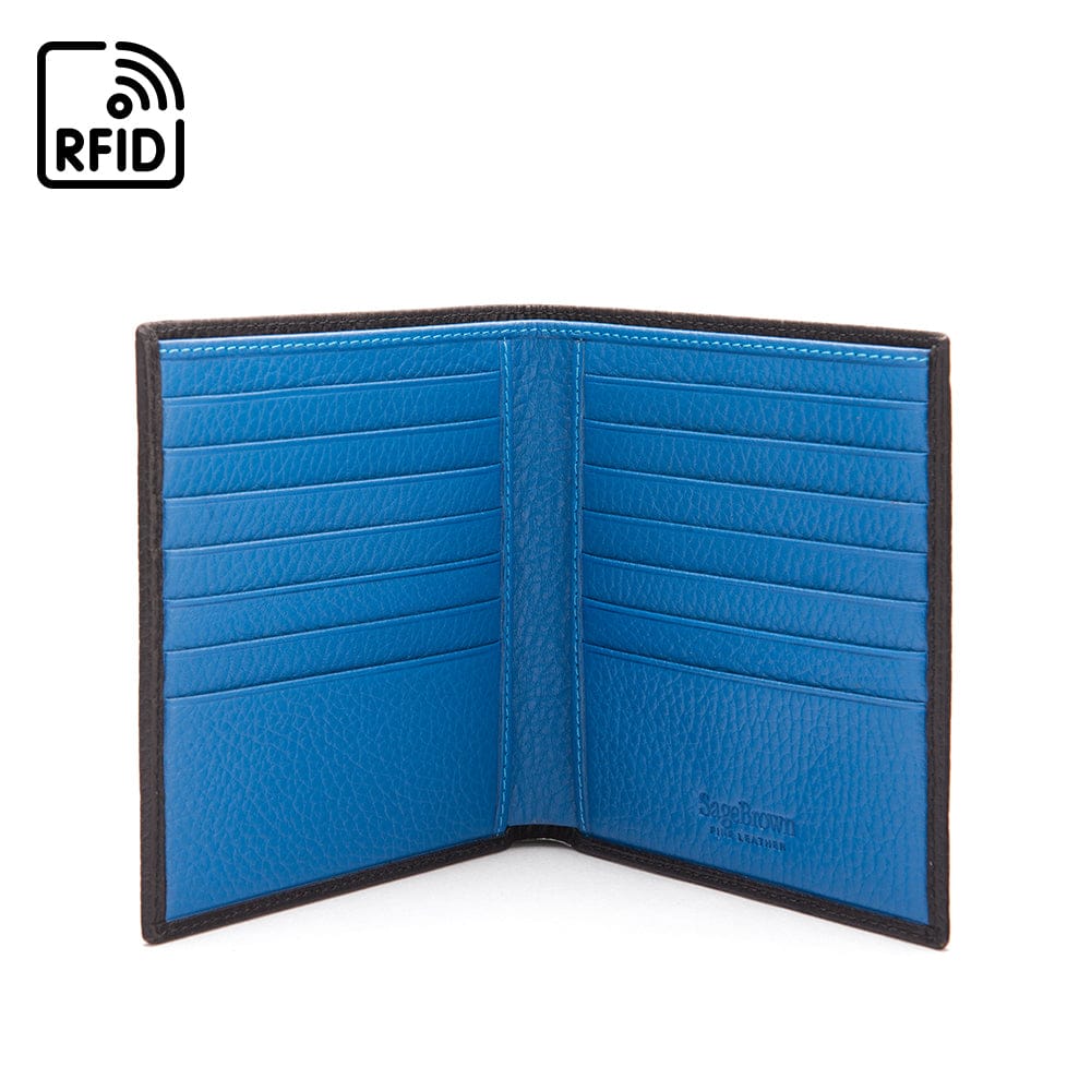 3/4 height leather RFID wallet 14 CC, black with cobalt, open