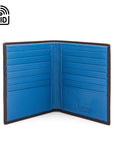 3/4 height leather RFID wallet 14 CC, black with cobalt, open