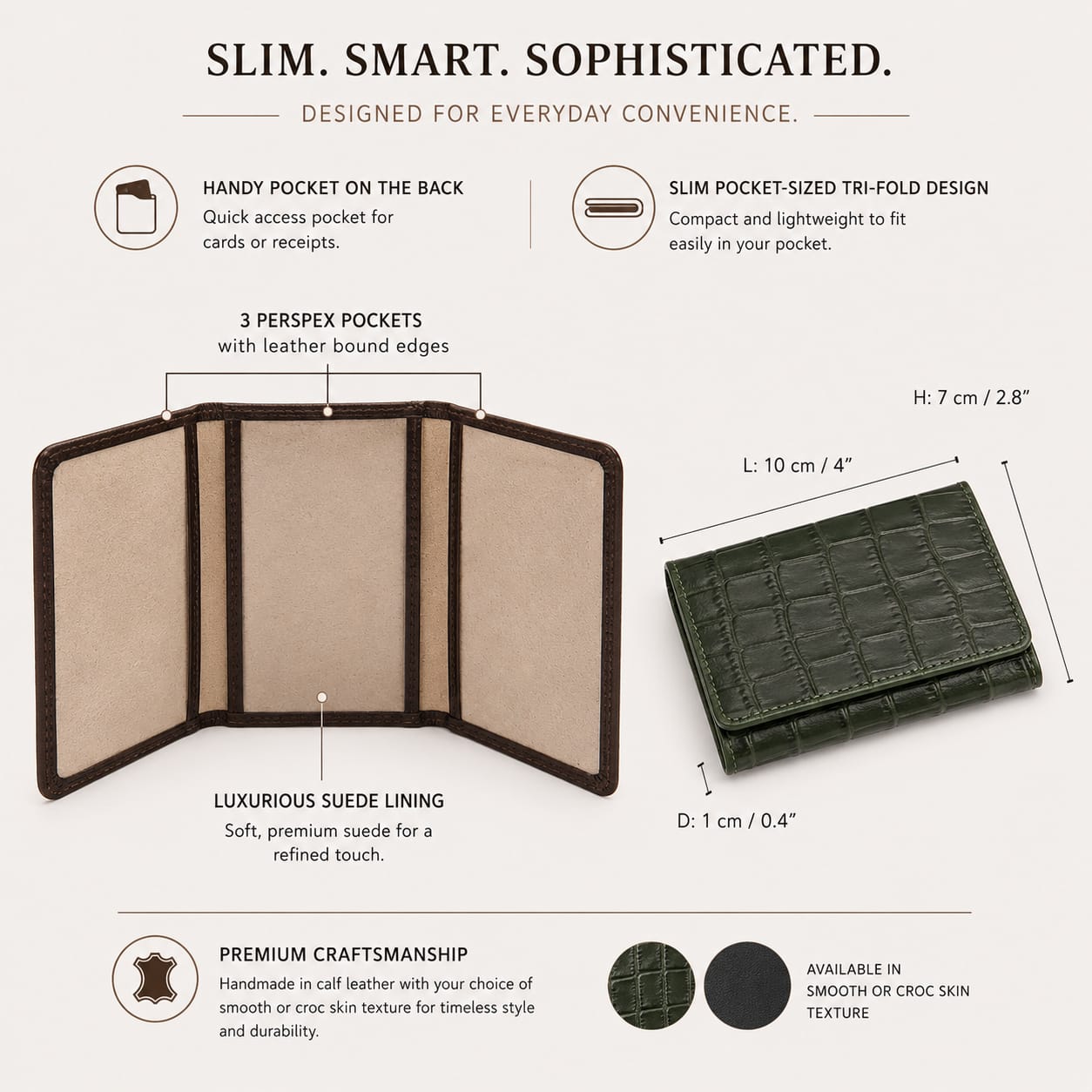 Leather tri-fold travel card holder, features and dimensions
