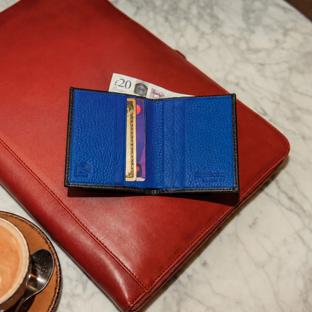 RFID leather wallet with 4 CC, black with cobalt, lifestyle