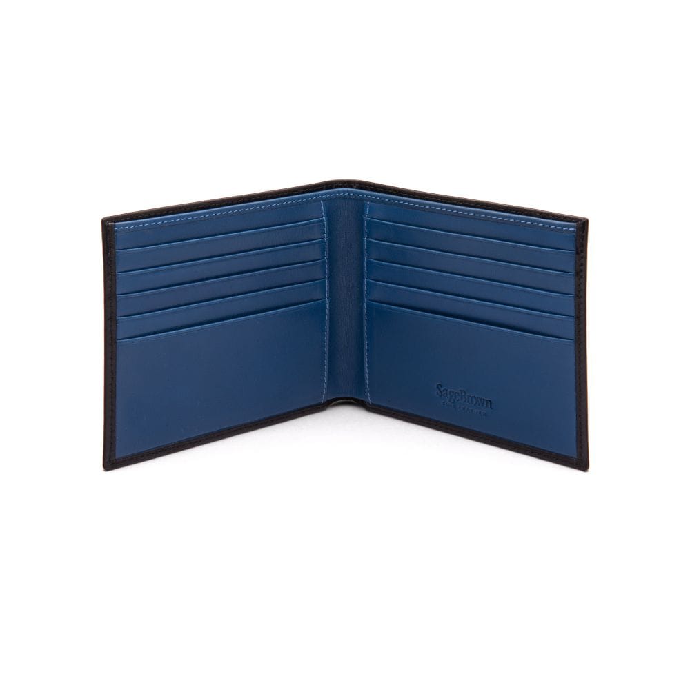 Men's RFID wallet with 10 CC, black with cobalt, open