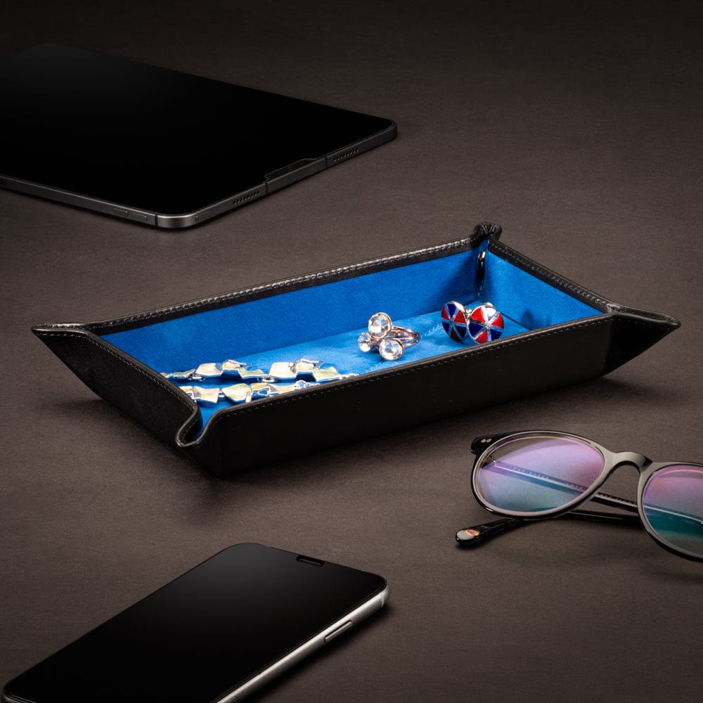Rectangular valet tray, black with cobalt, lifestyle