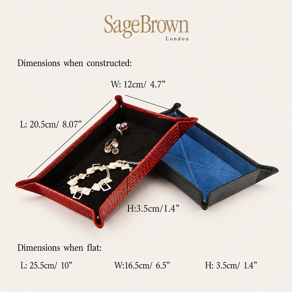 Rectangular leather travel tray, features and dimensions