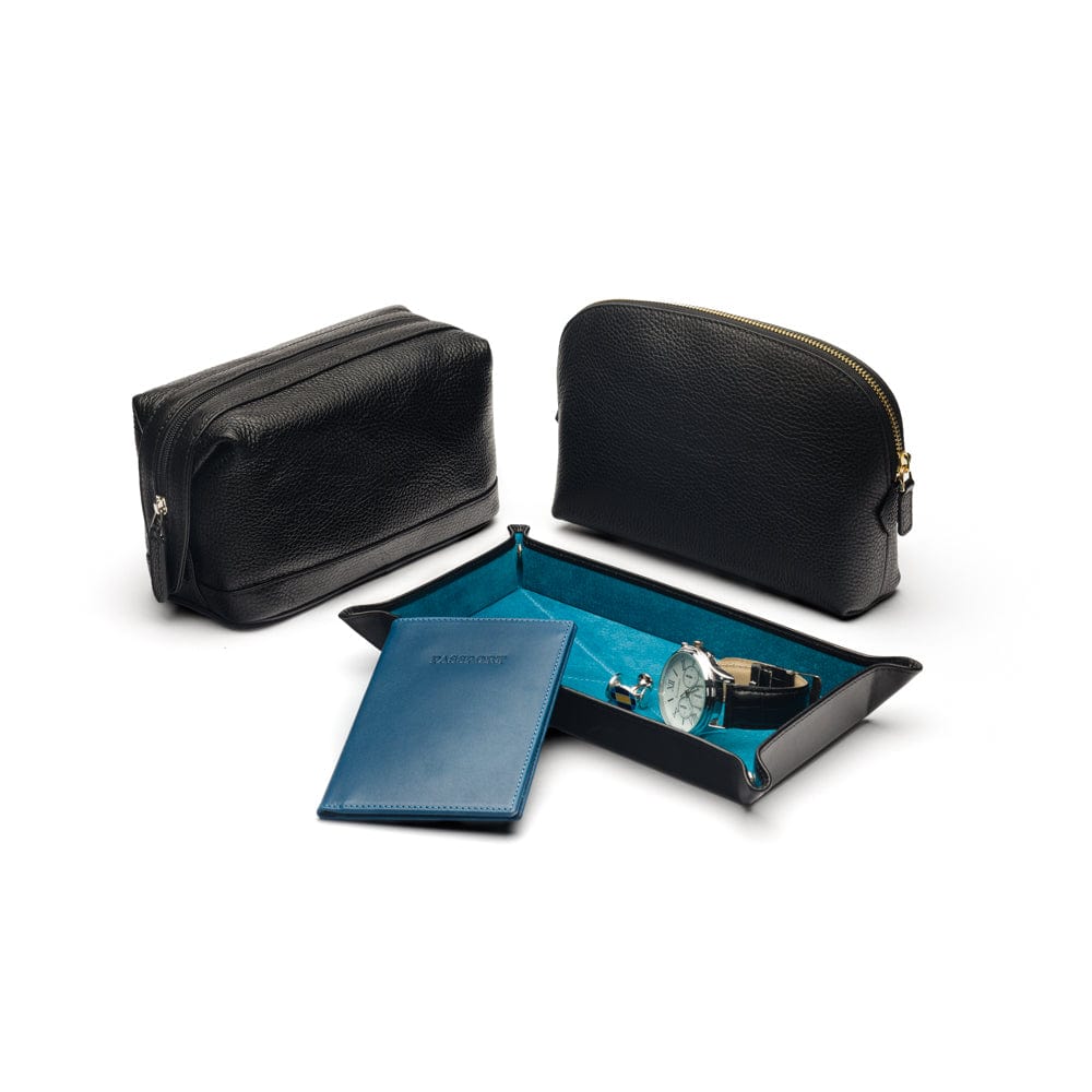 Rectangular valet tray, black with cobalt, matching accessories