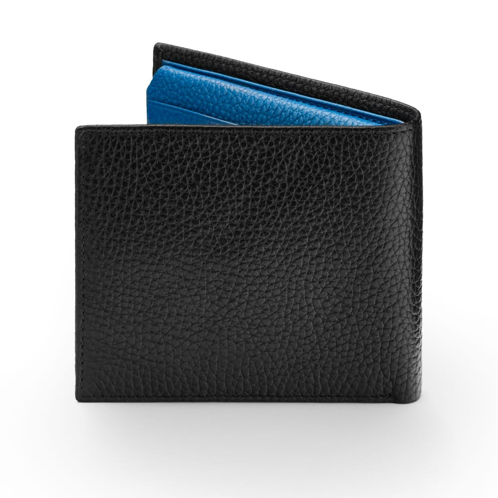RFID leather wallet with 9 cc, black with cobalt, back