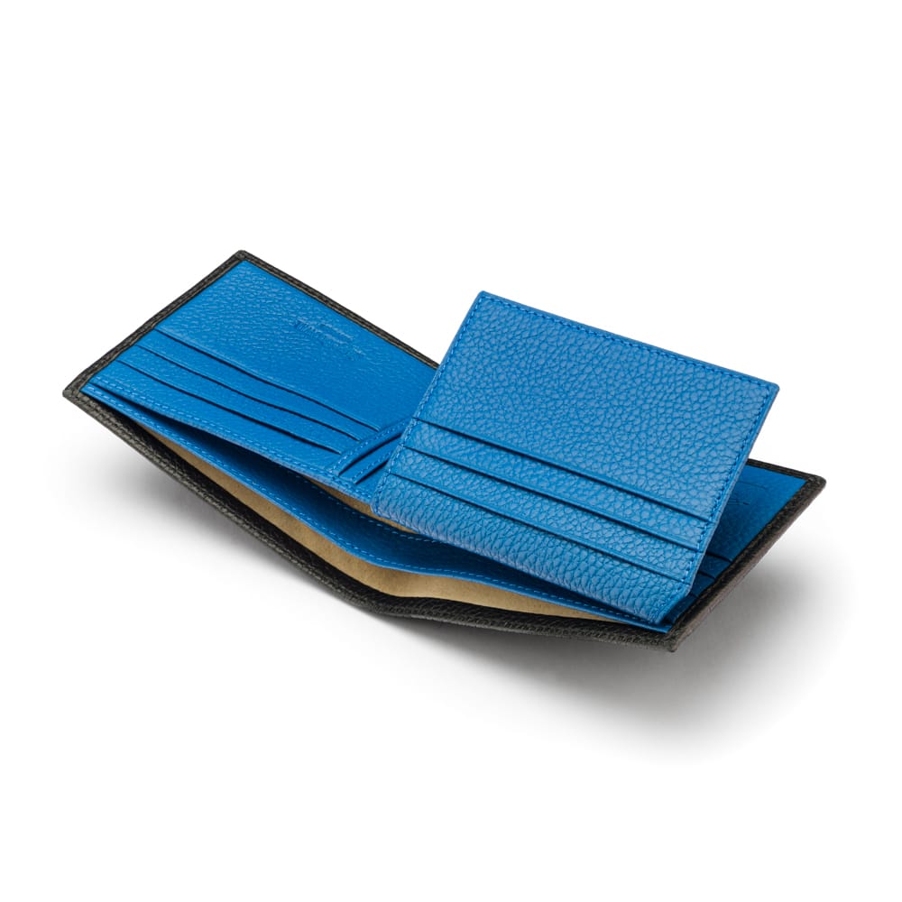 RFID leather wallet with 9 cc, black with cobalt, inside view