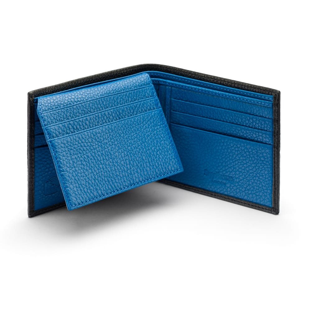 RFID leather wallet with 9 cc, black with cobalt, open